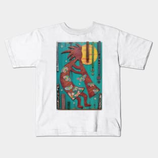 Kokopelli Dance in the Moonlight by Harriette Knight Kids T-Shirt